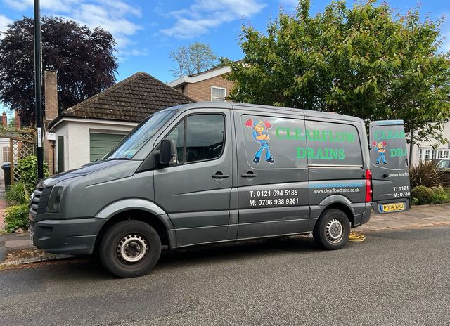 Clearflow Drains van attending a drain unblocking job in Coventry